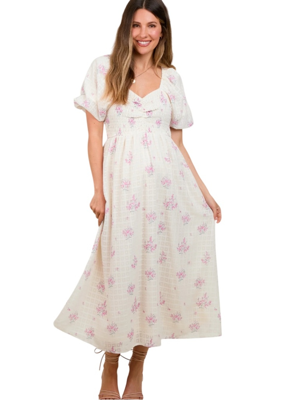 Polagram Pink Floral Textured Dot Smocked Midi Dress - Picture 2 of 7